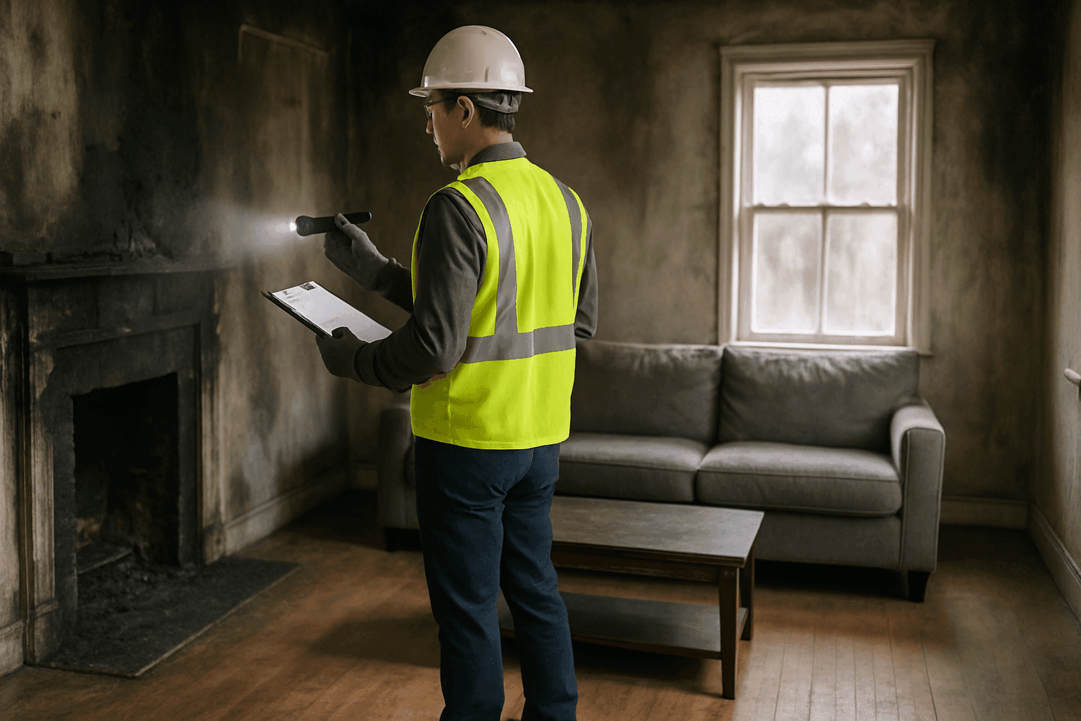 Homeowner reviewing fire-damaged living room with clipboard and safety gear