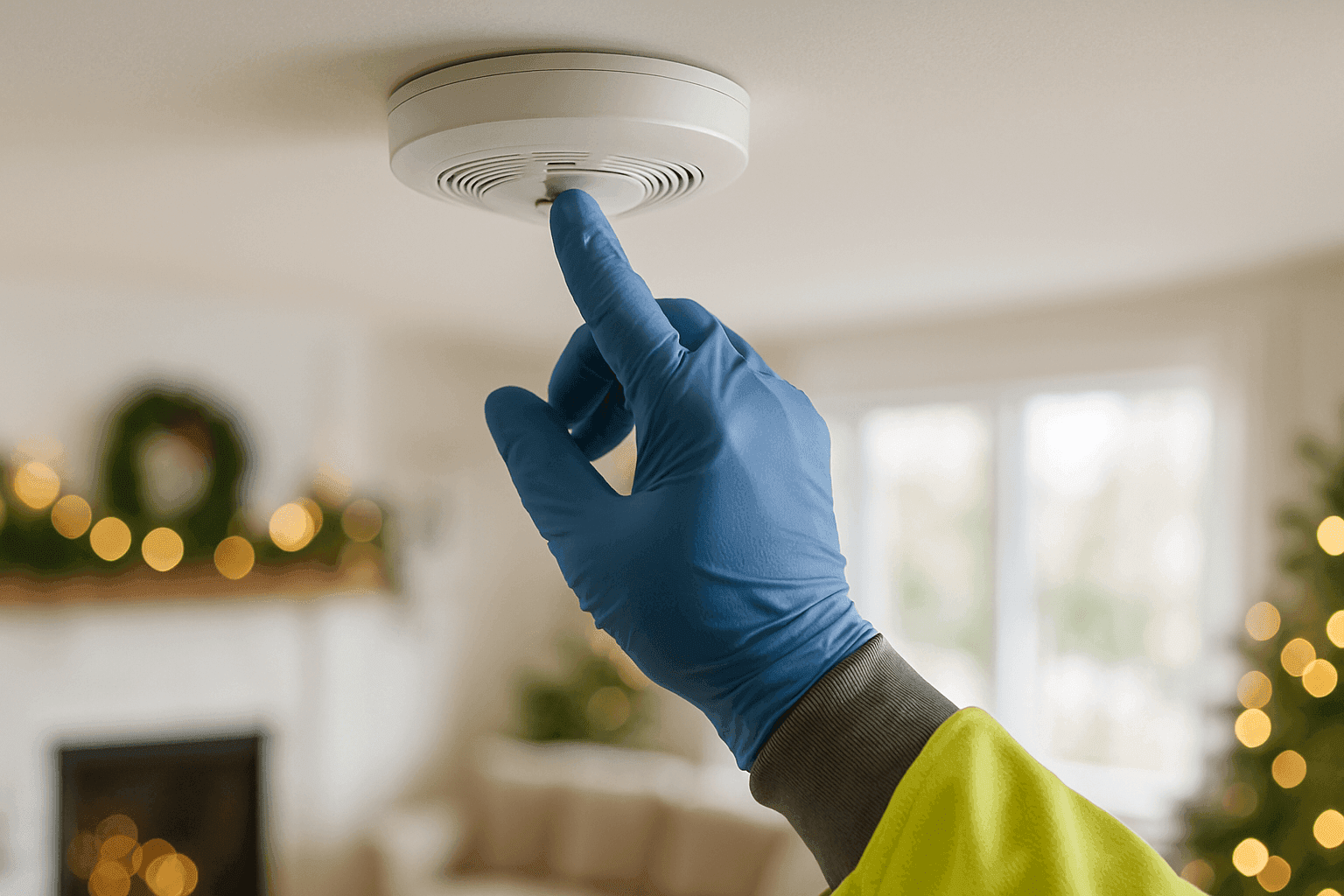 Homeowner checking smoke detector in a living room decorated for winter holidays